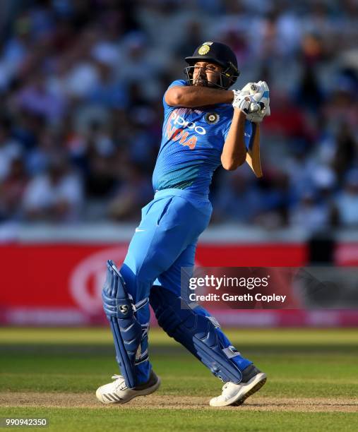 Rohit Sharma of India bats during the 1st Vitality International T20 match between England and India at Emirates Old Trafford on July 3, 2018 in...