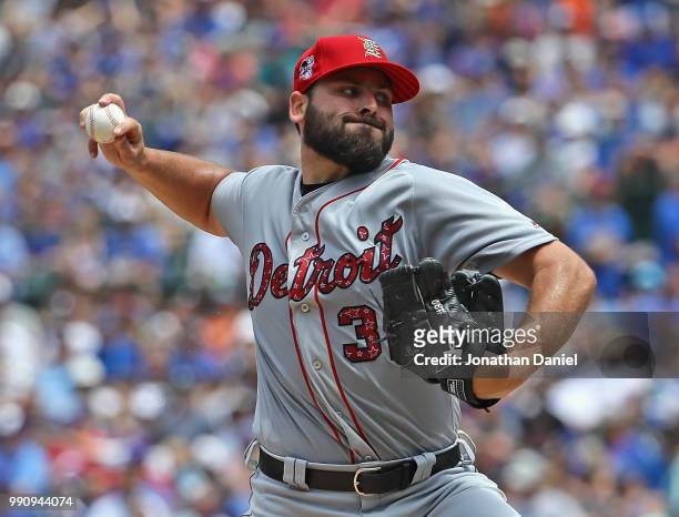 Starting pticher Michael Fulmer of the Detroit Tigers delivers the ball against the Chicago Cubs at Wrigley Field on July 3, 2018 in Chicago,...
