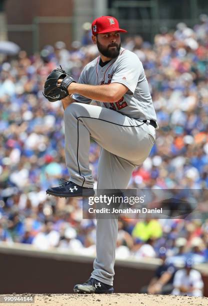 Starting pticher Michael Fulmer of the Detroit Tigers delivers the ball against the Chicago Cubs at Wrigley Field on July 3, 2018 in Chicago,...