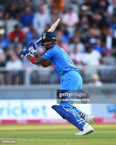 Lokesh Rahul of India batting during the 1st Vitality International T20 match between England and India at Emirates Old Trafford on July 3, 2018 in...