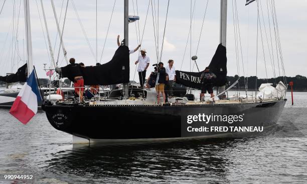 French skipper Marie Tabarly's Pen-Duick VI takes the start of her sailing project "Elemen'Terre project" in Lorient, western France on July 3, 2018.