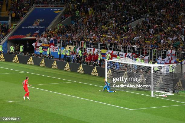 Harry Kane of England scores the opening goal from a penalty past David Ospina of Colombia during the 2018 FIFA World Cup Russia Round of 16 match...