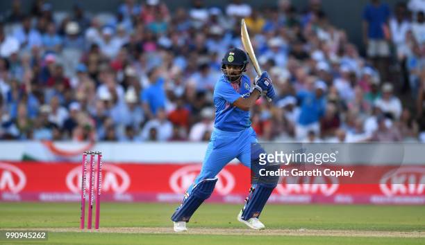 Lokesh Rahul of India bats during the 1st Vitality International T20 match between England and India at Emirates Old Trafford on July 3, 2018 in...