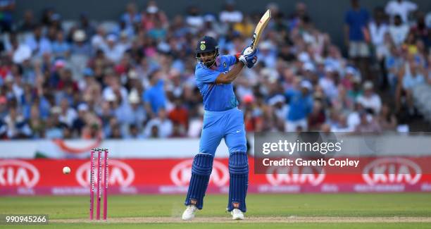 Lokesh Rahul of India bats during the 1st Vitality International T20 match between England and India at Emirates Old Trafford on July 3, 2018 in...