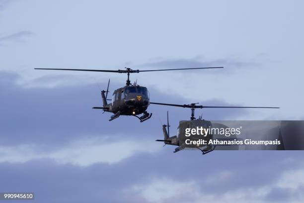 Huey helicopters performs an aerobatic display during the Kavala Air Sea Show on June 30, 2018 in Kavala, Greece. The Iroquois was originally...