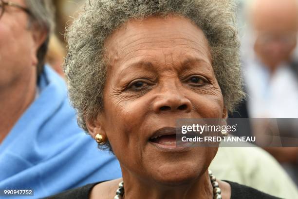 Jacqueline Tabarly, mother of French skipper Marie Tabarly, looks on as her daughter departs on July 3, 2018 in Lorient, western France.