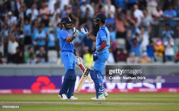 Virat Kohli of India celebrates with Lokesh Rahul after they beat England during the 1st Vitality International T20 match between England and India...