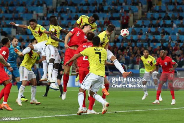 Yerry Mina of Colombia scores his team's first goal during the 2018 FIFA World Cup Russia Round of 16 match between Colombia and England at Spartak...