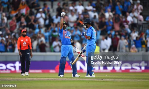 Virat Kohli of India celebrates with Lokesh Rahul after they beat England during the 1st Vitality International T20 match between England and India...