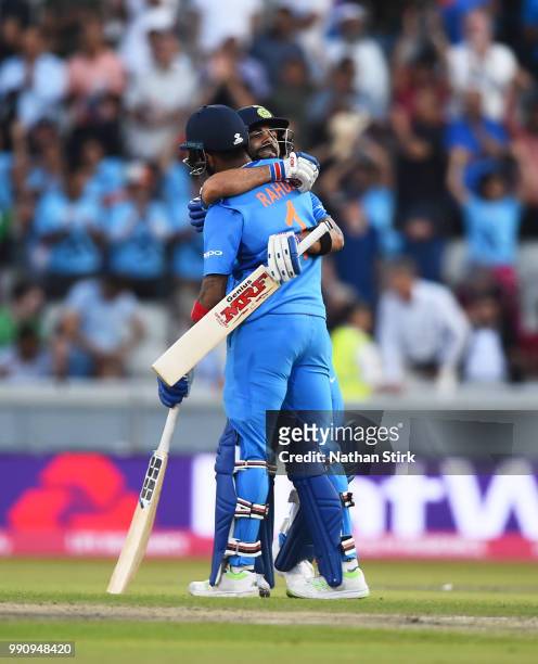 Virat Kohli of India celebrates with Lokesh Rahul after they beat England during the 1st Vitality International T20 match between England and India...