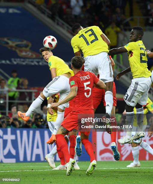 Yerry Mina of Colombia scores his team's first goal during the 2018 FIFA World Cup Russia Round of 16 match between Colombia and England at Spartak...