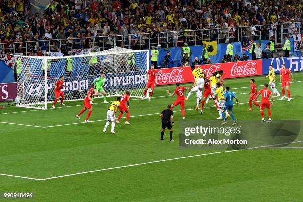 Yerry Mina of Colombia scores his team's first goal during the 2018 FIFA World Cup Russia Round of 16 match between Colombia and England at Spartak...