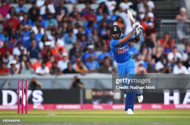 Virat Kohli of India batting during the 1st Vitality International T20 match between England and India at Emirates Old Trafford on July 3, 2018 in...