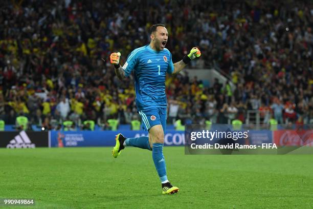 David Ospina of Colombia celebrates after teammate Yerry Mina scores their team's first goal during the 2018 FIFA World Cup Russia Round of 16 match...