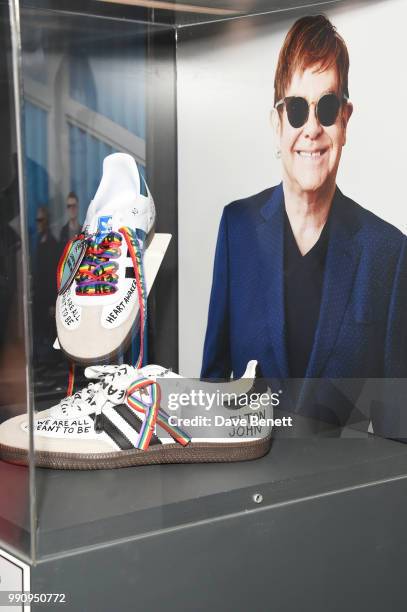 Pair of adidas designed by Sir Elton John at the adidas 'Prouder': A Fat Tony Project in aid of the Albert Kennedy Trust, supporting LGBT youth, at...