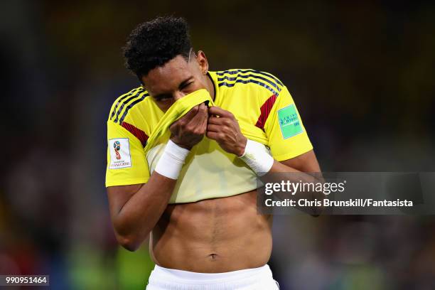 Johan Mojica of Colombia reacts during the 2018 FIFA World Cup Russia Round of 16 match between Colombia and England at Spartak Stadium on July 3,...