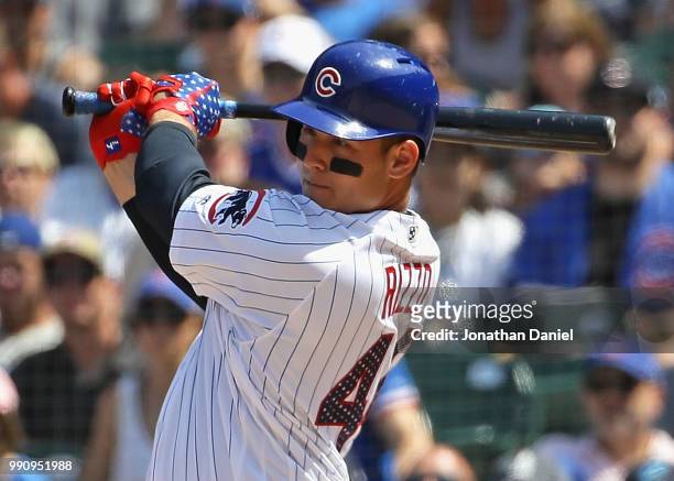 Anthony Rizzo of the Chicago Cubs hits a run scoring single in the 5th inning against the Detroit Tigers at Wrigley Field on July 3, 2018 in Chicago,...