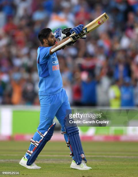 Lokesh Rahul of India celebrates reaching his century during the 1st Vitality International T20 match between England and India at Emirates Old...