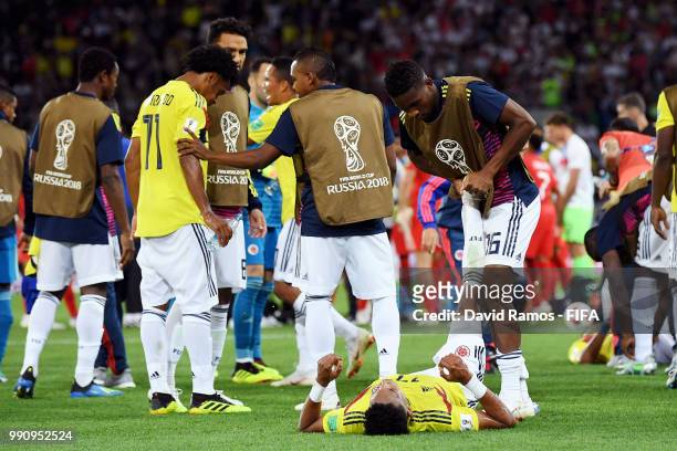 Colombia players discuss before extra time during the 2018 FIFA World Cup Russia Round of 16 match between Colombia and England at Spartak Stadium on...