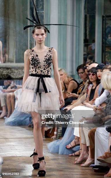 Model walks the runway during the Celia Kritharioti Haute Couture Fall Winter 2018/2019 show as part of Paris Fashion Week on July 3, 2018 in Paris,...