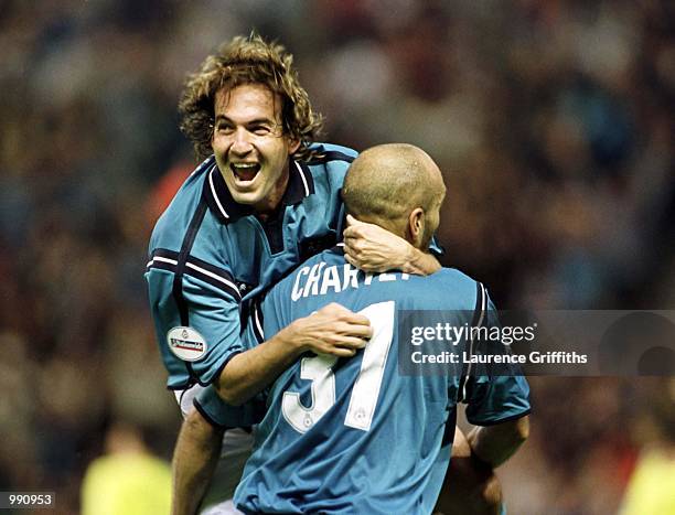 Eyal Berkovic celebrates after Shaun Goater of Man City scores the first goal during the Manchester City v Watford Nationwide Division One match at...