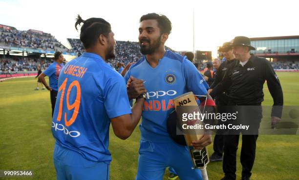 Lokesh Rahul of India celebrates with Umesh Yadav after winning the 1st Vitality International T20 match between England and India at Emirates Old...