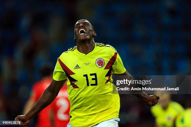 Yerry Mina of Colombia celebrates scoring a goal to make it 1-1 during the 2018 FIFA World Cup Russia Round of 16 match between Colombia and England...
