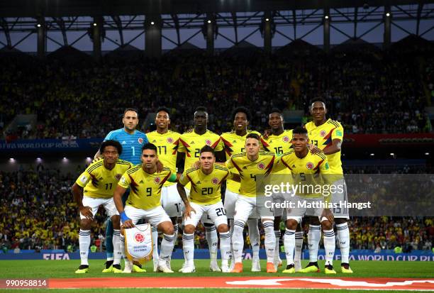 Colombia pose for a team photo prior to the 2018 FIFA World Cup Russia Round of 16 match between Colombia and England at Spartak Stadium on July 3,...