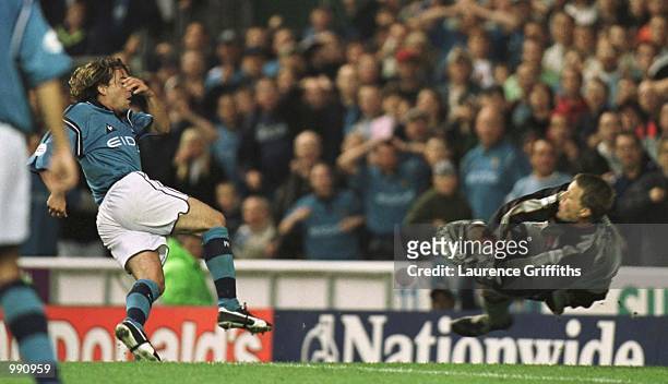 Eyal Berkovic of Man City scores past Espen Baardsen of Watford during the Manchester City v Watford Nationwide Division One match at Maine Road,...