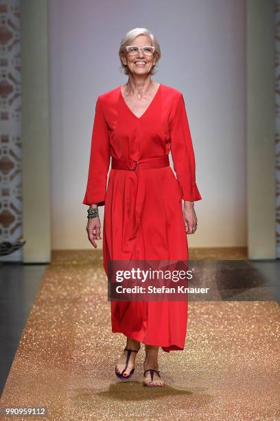 Designer Karin Veit acknowledges the applause of the audience after the Marc Cain Fashion Show during the Berlin Fashion Week Spring/Summer 2019 at...
