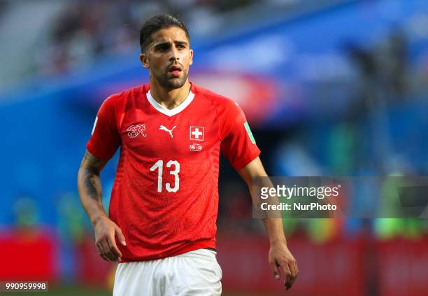 Ricardo Rodriguez of the Switzerland national football team vie for the ball during the 2018 FIFA World Cup match, Round of 16 between Sweden and...
