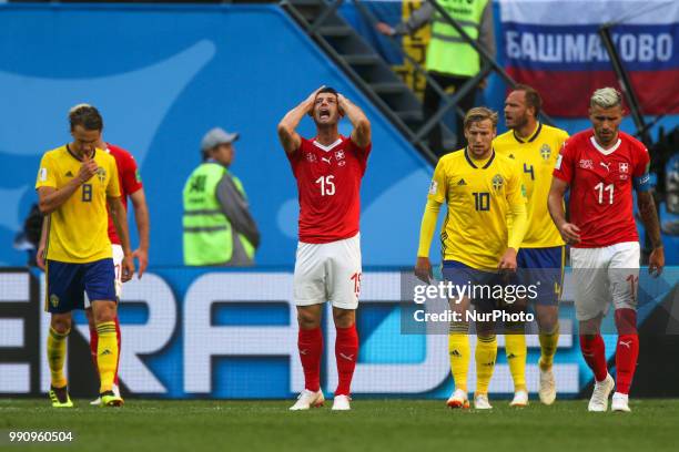 Blerim Dzemaili of the Switzerland national football team reacts during the 2018 FIFA World Cup match, Round of 16 between Sweden and Switzerland at...