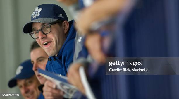 Kyle Dubas watches the young guys go through a 25 minute scrimmage. Toronto Maple Leafs hold a scrimmage for recently drafted players at the...