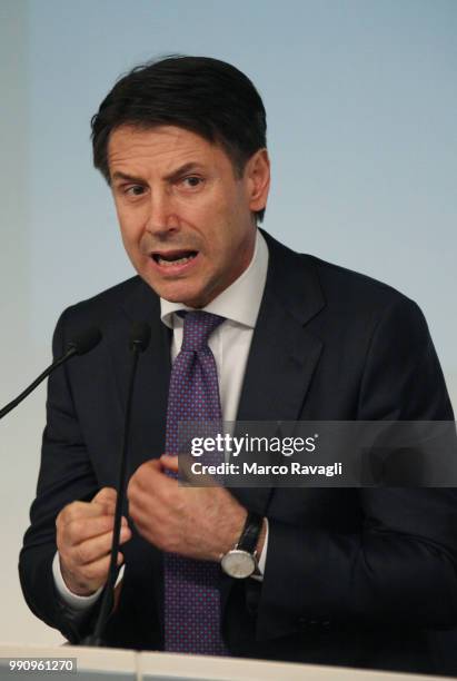 Prime Minister of Italy Giuseppe Conte attends the presentation to the press of the Dignity Decree approved by the government on July 03, 2018 in...