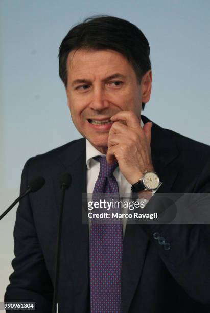 Prime Minister of Italy Giuseppe Conte attends the presentation to the press of the Dignity Decree approved by the government on July 03, 2018 in...