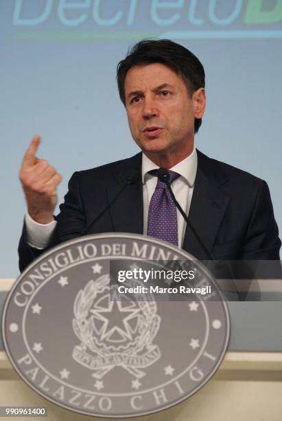 Prime Minister of Italy Giuseppe Conte attends the presentation to the press of the Dignity Decree approved by the government on July 03, 2018 in...