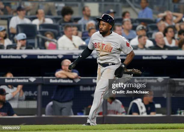 Jackie Bradley Jr. #19 of the Boston Red Sox in action against the New York Yankees at Yankee Stadium on June 30, 2018 in the Bronx borough of New...