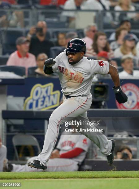 Jackie Bradley Jr. #19 of the Boston Red Sox in action against the New York Yankees at Yankee Stadium on June 30, 2018 in the Bronx borough of New...