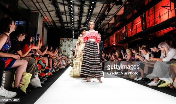Model walks the runway at the Lena Hoschek show during the Berlin Fashion Week Spring/Summer 2019 at ewerk on July 3, 2018 in Berlin, Germany.