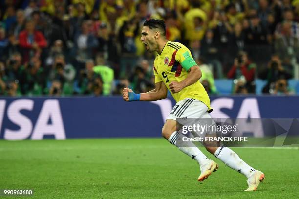 Colombia's forward Falcao celebrates after scoring a goal during the penalty shoot-out of the Russia 2018 World Cup round of 16 football match...