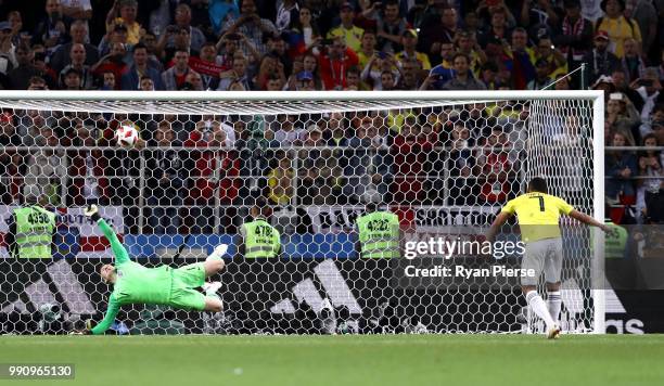 Jordan Pickford of England saves the fifth penalty from Carlos Bacca of Colombia in the penalty shoot out during the 2018 FIFA World Cup Russia Round...