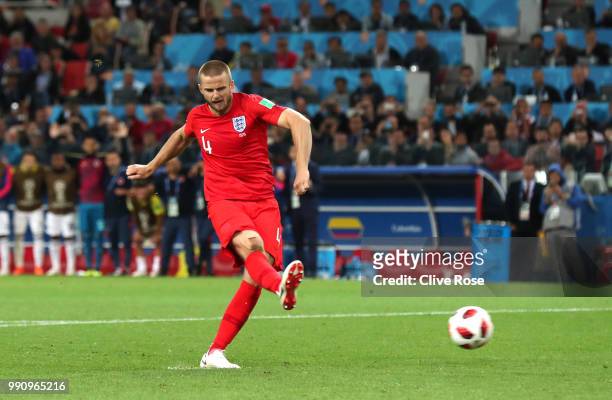 Eric Dier of England scores his team's fifth penalty in the penalty shoot out to win the match during the 2018 FIFA World Cup Russia Round of 16...
