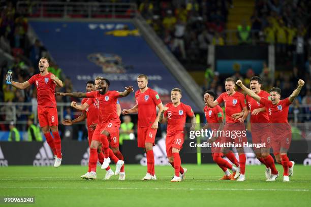 England players celebrate the penalty save by Jordan Pickford from Carlos Bacca of Colombia during the 2018 FIFA World Cup Russia Round of 16 match...