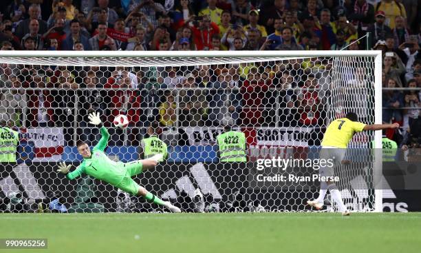 Jordan Pickford of England saves the fifth penalty from Carlos Bacca of Colombia in the penalty shoot out during the 2018 FIFA World Cup Russia Round...