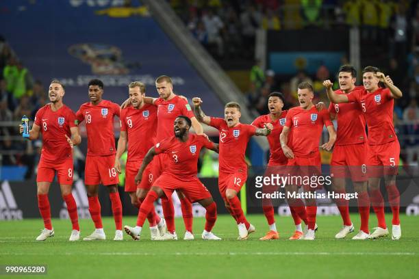 England players celebrate the penalty save by Jordan Pickford from Carlos Bacca of Colombia during the 2018 FIFA World Cup Russia Round of 16 match...