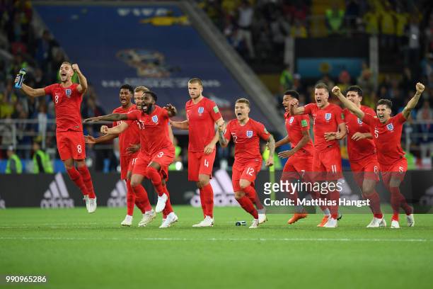 England players celebrate the penalty save by Jordan Pickford from Carlos Bacca of Colombia during the 2018 FIFA World Cup Russia Round of 16 match...