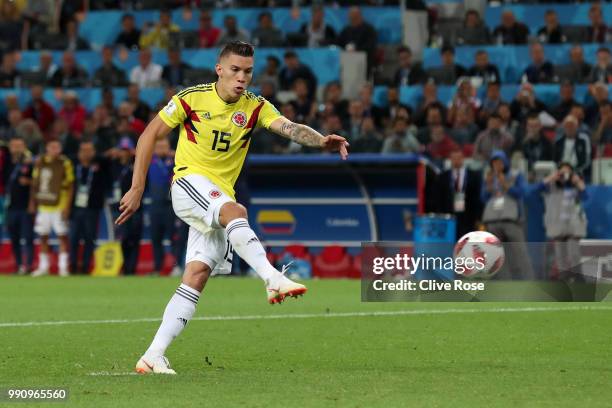 Mateus Uribe of Colombia misses his team's fourth penalty in the penalty shoot out during the 2018 FIFA World Cup Russia Round of 16 match between...