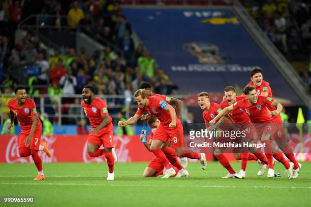 England celebrate after Eric Dier of England scores the winning penalty during the 2018 FIFA World Cup Russia Round of 16 match between Colombia and...