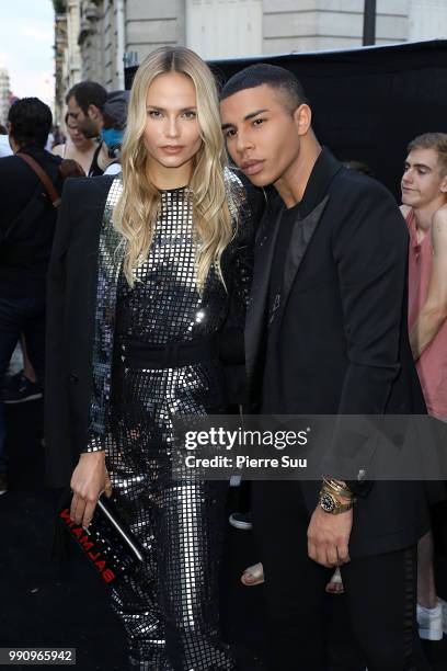 Natasha Poly and Olivier Rousteing arrive at the 'Vogue Foundation Dinner 2018' at Palais Galleria on July 3, 2018 in Paris, France.