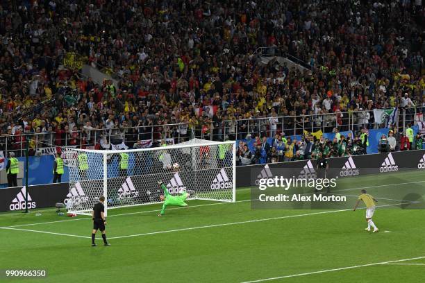 Jordan Pickford of England saves the fifth penalty from Carlos Bacca of Colombia in the penalty shoot out during the 2018 FIFA World Cup Russia Round...